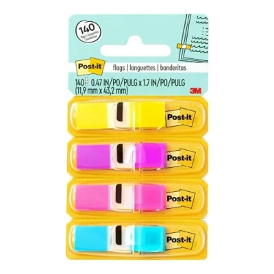 Image de Post it Marque Pages Étroits, Pack de 4 Distributeurs, 35 par Distributeur, 11.9 mm x 43.2 mm, Jaune, Violet, Rose, Bleu Couleur Pour Marquer, Surligner ou Codifier des Informations