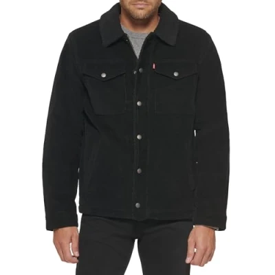 Image de Levi&#039;s Veste de Camionneur doublée en Velours côtelé Sherpa (Standard Grand) Jean, Noir, Medium Homme