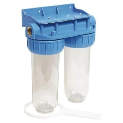 Image de AQUAWATER 104509 Station filtre double nu avec clé de déserrage Taille standard 10&quot; Raccordement F20/27 (F3/4&quot;)