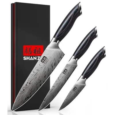 Image de SHAN ZU Set Couteau Cuisine en Acier Poudré, Ensemble de 3 Couteaux Japonais à Inoxydable Haute Dureté, Manche Ergonomique Bois, Chef, Universel et d&#039;office