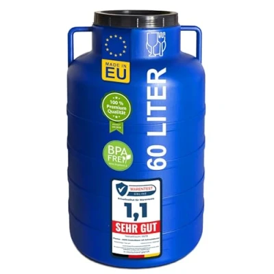Image de Plasteo® tonneau rond à col large de 60 litres, bleu, avec couvercle et poignées, convient un usage alimentaire sans BPA, en plastique universel,