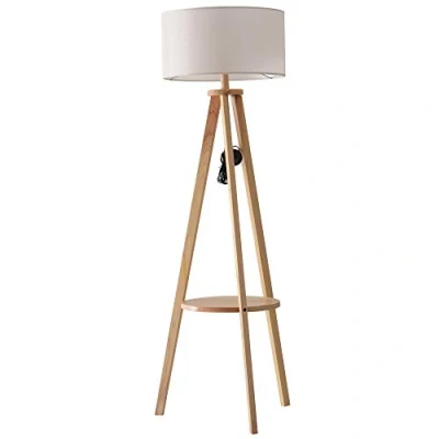 Image de HOMCOM Lampadaire trépied Design scandinave dim. 50l x 154 cm 40 W Max. étagère intégrée Bois Massif pin Abat Jour Toile Lin Beige