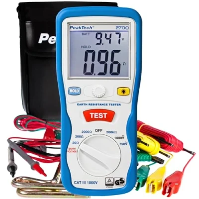 Image de PeakTech 2700 Mesureurs de la Résistance Terre Numérique avec Double Affichage LCD Éclairé et 2 Tiges Terre, AC/DC, TÜV/GS, Data Hold, Arrêt Automatique CAT III 1000 V