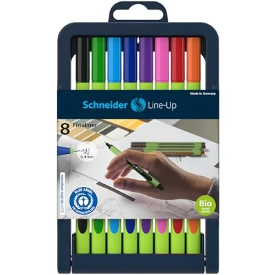 Image de Schneider Line Up Fineliner (Feutre fin triangulaire, épaisseur de trait 0,4mm, corps en plastique bio sourcé, fabriqué Allemagne) 8 pièces assorties