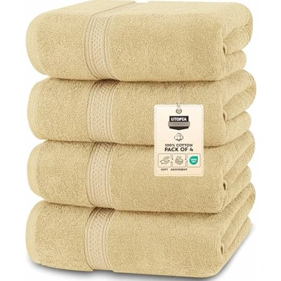Image de Utopia Towels Lot de 4 Serviettes Bain luxueuses 100% Coton filé à l&#039;anneau, séchage Rapide, très absorbantes, Douces au Toucher, parfaites pour Un Usage Quotidien Beige