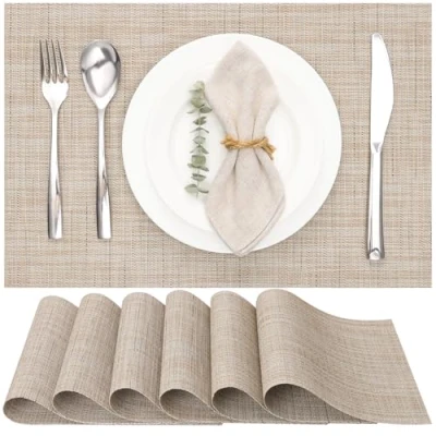 Image de Myir JUN Lot de 6 Sets Table, Tissé Lavable Napperons pour Cuisine ou Table à Manger Résiste la Chaleur Antidérapant Fait en Vinyle (30x45cm) (Jaune Beige)