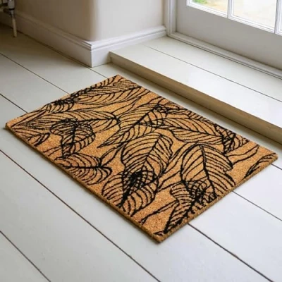 Image de THE DECO FACTORY Nervure Paillasson Fibre de Coco Motif Feuilles Naturel Noir 60x40