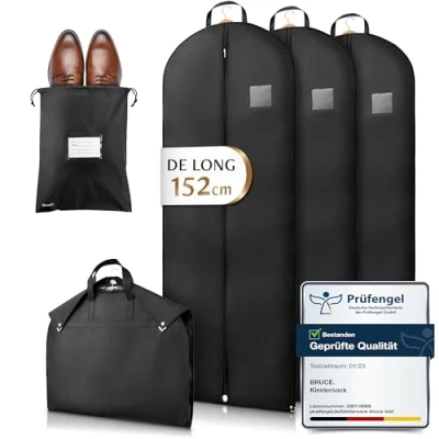 Image de Bruce.® 3x Premium Housse Vetements à Suspendre 152x60cm avec 1 Sac Chaussures, Pliable de Rangement Vetement Penderie and Voyage, Idéale comme Costume Homme, Robe Mariée