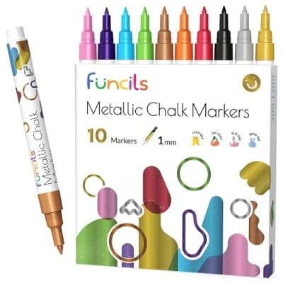 Image de Funcils marqueurs Craie Liquide Métallique pour tableaux, fenêtres, étiquettes, bistro, verre, voiture (10 Pack, 1mm) Encre effaçable à l&#039;eau, pointe réversible, tableau noir