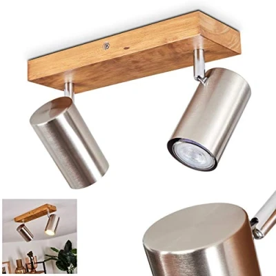 Image de Plafonnier Zuoz en bois &amp; métal nickel mat, spots de plafond rotatifs style moderne, luminaire idéal dans un salon contemporain, pour 2 ampoules GU10, ampoule(s) non incluse(s)