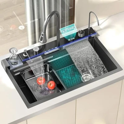 Image de Nano Évier de cuisine noir en acier inoxydable 304 cascade à cuve unique avec écran numérique multifonctionnel Robinet extractible (noir, 68 x 45 22 cm)