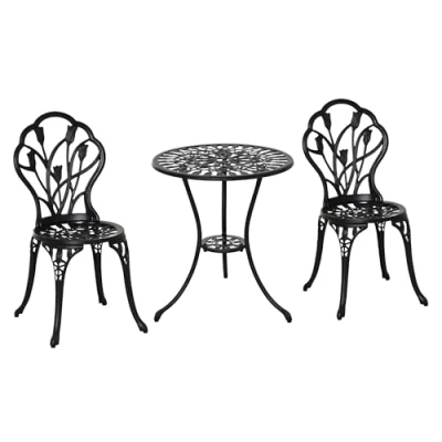 Image de Outsunny Ensemble Salon de Jardin 2 Places chaises + Table Ronde Fonte d&#039;aluminium Imitation Fer forgé Noir