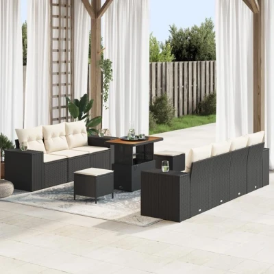 Image de Ensemble de canapés jardin 10 pièces avec coussins en rotin poly noir 3361970