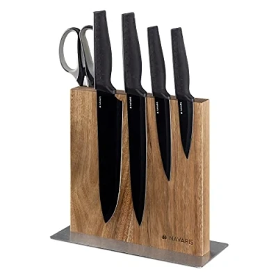 Image de Navaris Bloc à Couteaux magnétique aimanté Double Face en Bois d&#039;acacia Range Couteau de Cuisine Vide Support Vertical avec Aimant