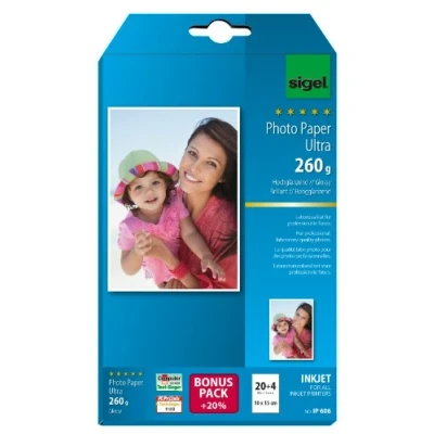 Image de SIGEL Ip606 Papier Photo Professionnel, Jet d&#039;encre, Ultra Brillant, Format 10 X 15 cm, 260G/M², 20 Feuilles + 4 Gratuites