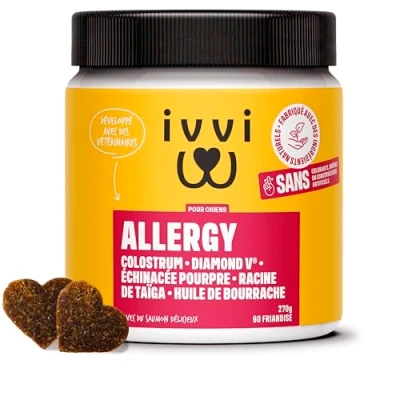 Image de ivvi Allergy pour Chiens Contre Les Allergies et démangeaisons Un système immunitaire sain avec Colostrum, Échinacée Pourpre, Racine de Taïga &amp; Huile bourrache 60 Snacks (270g)