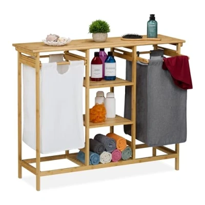Image de Relaxdays Meuble à linge spacieux 2 sacs amovibles bambou et polyester H x L P : 80 100 32 cm coloré