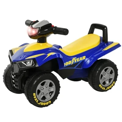 Image de HOMCOM Porteur Enfants Quad 18 36 Mois dim. 60L x 31l 42H cm Effets Lumineux et sonore Bleu Jaune