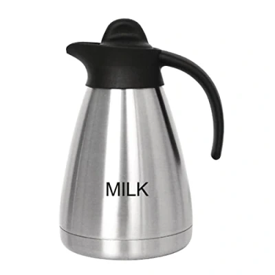 Image de Olympia Pichet isotherme avec inscription &quot;Milk&quot; et couvercle à vis, 1000 ml/ 35 oz, en acier inoxydable dessus noir, lait imprimé sur le côté, isolé pour rester frais plus longtemps, CL372