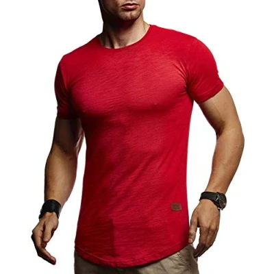 Image de Leif Nelson LN8331 T shirt d&#039;été long à col rond pour homme, coupe ajustée en maille fine basique manches courtes, blanc et noir, rouge, XXL
