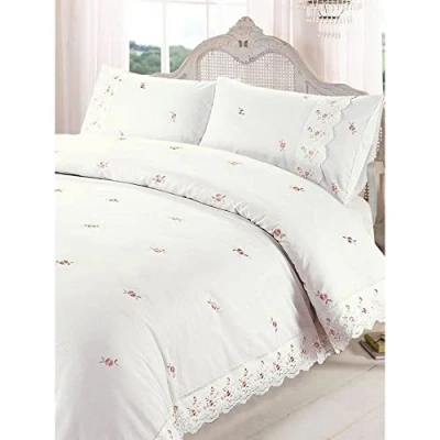Image de Sophie Parure de lit brodée avec Housse Couette en Polyester et Coton Motif Floral Crème/King Size