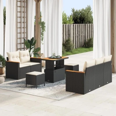 Image de Ensemble de Canapé Jardin 8 pièces vidaXL avec Coussins Noir en Rotin Poly Acacia 3362990