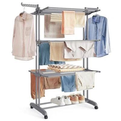 Image de SONGMICS Étendoir à Linge, Séchoir Mobile 4 Niveaux, avec roulettes, Pliable, 63,5 x 128 173 cm, Grande Capacité, Montage Facile, Utilisation Intérieure et Extérieure, Gris LLR701G01
