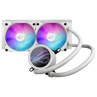 Image de ASUS ROG RYUO III 240 ARGB Blanc Refroidisseur liquide CPU tout en un (écran LED Anime Matrix, solution de pompe Asetek 8e gen, 2 ventilateurs refroidissement 120 mm, Aura Sync RGB)