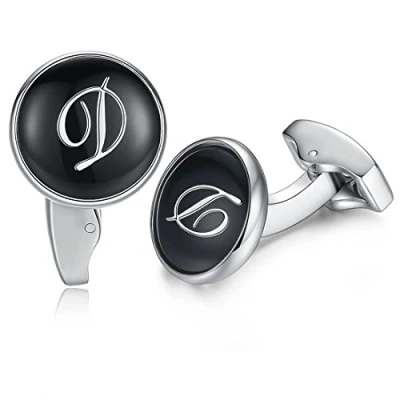 Image de HONEY BEAR Initiale Lettre Alphabet Boutons de Manchette Acier Inoxydable pour Le Cadeau d&#039;affaires Mariage Chemise d&#039;hommes (Noir) (D)