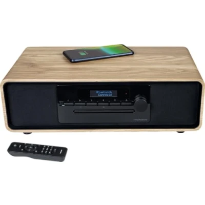 Image de Micro chaîne Bluetooth THOMSON Bois/Noir Radio FM/DAB+/CD/MP3/USB/Induction, 75W, Affichage LCD, Télécommande, Alim. 230V Neuf