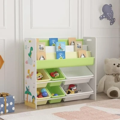 Image de [en.casa] Étagère Enfant avec 3 Compartiments Ouverts et 6 Bacs de Rangement Bibliothèque à Motif Dinosaure Panneau Particules Polyester PP Métal 78 x 86 27 cm Blanc Vert Jaune