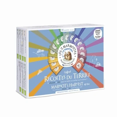 Image de Les 2 Marmottes Grand Coffret &quot;Récoltes du Terrier&quot; 90 Sachets 12 Infusions 3 Thés Idéal En Cadeau Bien Être Et Relaxation Made In France Sans arômes ajoutés 134g
