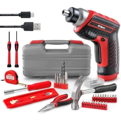 Image de Hi Spec Perceuse Visseuse Devisseuse Sans Fil 3.6V Rouge avec Ensemble d&#039;Outils Complet Tournevis Electrique Fil, Marteau, Pince, Forets dans une Boite a Outils Complete Recharge Facile