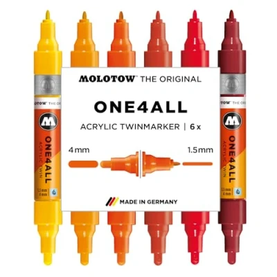 Image de Molotow One4All Lot de 6 marqueurs acryliques Twin Hot Set (épaisseur trait 1,5 et 4,0 mm, fort pouvoir couvrant permanent, séchage rapide, rechargeables, pour presque toutes les surfaces)