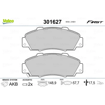 Image de VALEO 301627 Jeu de plaquettes frein FIRST Essieu avant contact signal d&#039;usure inclus sans tôle anti bruit HONDA: HR V I, CIVIC 6 Fastback