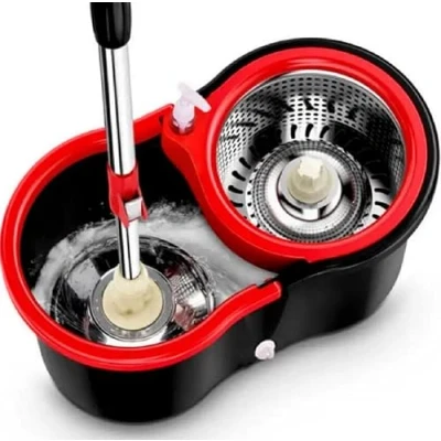 Image de JUNYFFF Balai Serpillère Essoreur avec Seau, Rotatif À 360 Balais Nettoyer Sol, Vadrouille Rotative pour Le Nettoyage du Ensemble De 1X Et 4X Tête Vadrouille,Noir