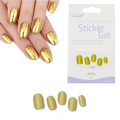 Image de Glam&#039;Up Paris Sticker Gel Semi Permanent Vernis Adhésif Qualité Professionnelle Longue Tenue jusqu’à 3 Semaines Application Simple et Rapide 16 pièces NSP224 Doré