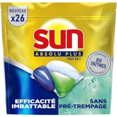 Image de SUN Absolu Plus Pastilles Lave Vaisselle Tout en 1 Bio Enzymes 26 Capsules sans prétrempage tablettes imbattables sur les taches tenaces