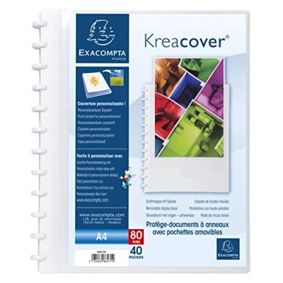 Image de Exacompta Réf. 86471E 1 Protège documents amovible à anneaux avec 40 pochettes grainées détachables 80 vues pour A4 dim 24,5x31cm couverture rigide personnalisable Kreacover blanc