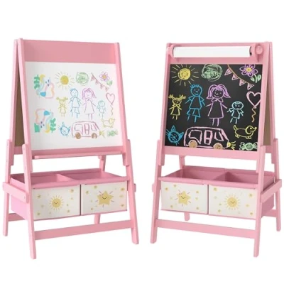 Image de AIYAPLAY tableau enfant 3 en 1, chevalet enfants à double face, noir et blanc, avec rouleau de papier 2 paniers rangement, cadeau jouet educatif créatif pour 8 ans, rose