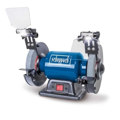 Image de Scheppach Touret Mixte SM150L Puissance 400W Meules en grain 36 et 60 Ø150mm Brosse métallique de Pare éclats ajustables LED Pieds caoutchouc Travaux multiples