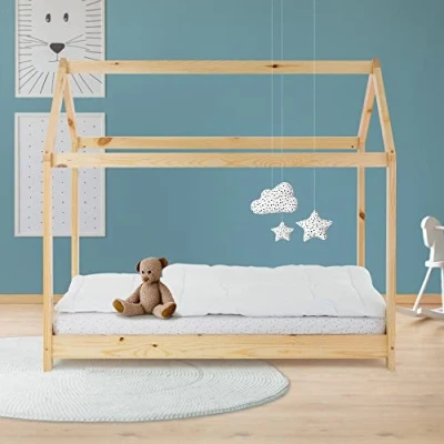Image de ML Design Lit d&#039;Enfants 70x140 cm avec Toit et Sommier en Bois de Pin Massf, Naturel, Structure Maison Cabane pour Fille Garçon, Stable Robuste, Jeu Intérieur, Simple d`Adolescents