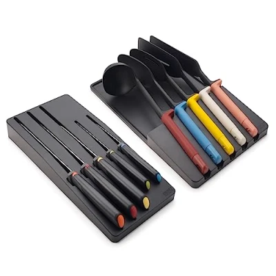 Image de Joseph Elevate Ensemble de Couteaux Cuisine et Ustensiles, avec Bloc Rangement dans le tiroir, 10 pièces, Noir/Multicolore