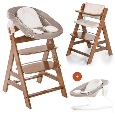 Image de hauck Chaise Haute Bébé Alpha Plus Newborn Set Évolutive dès Naissance, Transat Nouveau Né Inclinable, Coussin d&#039;Assise et Réducteur Noyer Beige