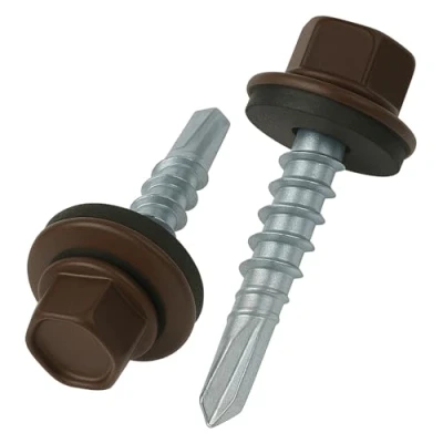 Image de 4.8 mm x 35 vis de toiture, tête hexagonale autoperceuse colorée (RAL 8017 Brun chocolat) toit avec rondelle scellée en EPDM, à gros filets trempés zingués antirouille (50 pièces)