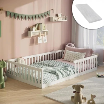 Image de Lit au Sol avec barrière Anti Chute Taille 120 x 200 cm Matelas et sommier à Lattes Inclus Montessori pour Enfant Adolescent Simple en Bois certifié Blanc