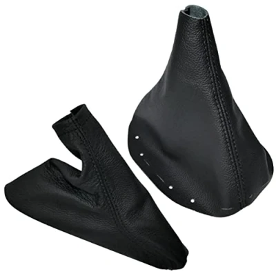 Image de AERZETIX C59649 Soufflet de levier vitesse et frein à main en cuir véritable compatible avec Peugeot 407 2004 2010 noir surpiqûres noires pour boîte manuelle