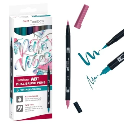 Image de Tombow ABT Lot de 6 stylos à double pinceau, couleurs vintage, avec deux pointes, parfaits pour le lettrage la main et bullet journal, effaçables l&#039;eau, 6C 5