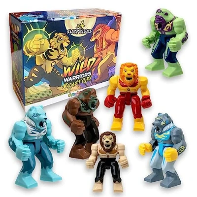 Image de #sbabam, Funny Box Wild Warriors Beast Fury Jeux pour Enfants Kiosques Animaux Jouet Pack 4 Pcs Guerrier Robot Cadeau Enfant Interchangeable avec Cartes de Jeu