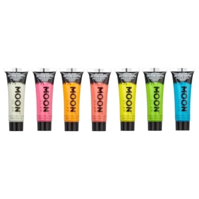 Image de Moon Glow Brillent dans le noir Peinture pour visage et corps Chargez briller Porte clés UV inclus, 12 ml (lot de 7)